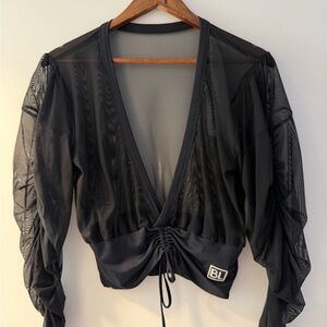 Black Sheer V-Neck Top with Drawstring